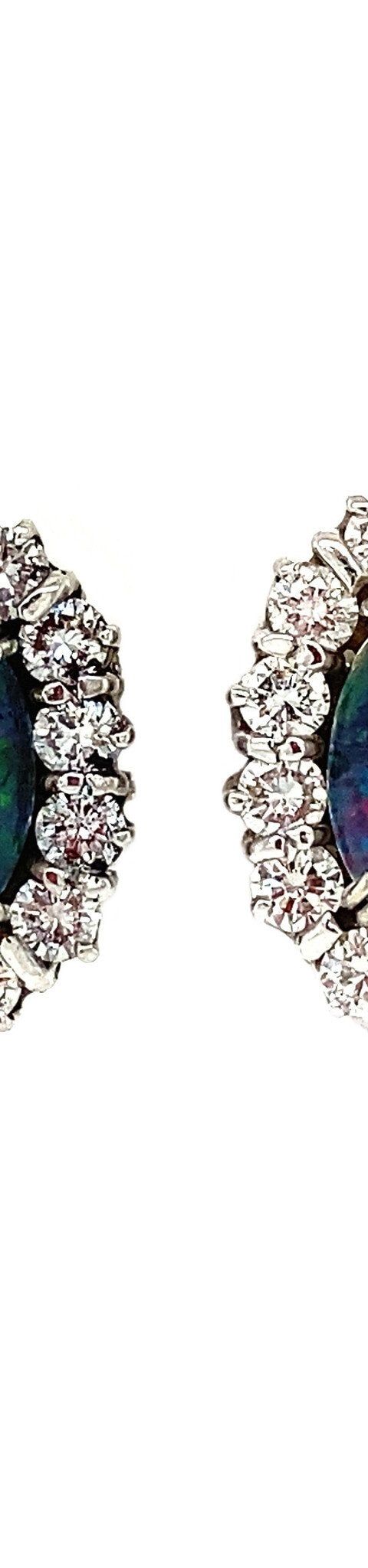 Vintage 14K White Gold Cluster Clip Earrings with Diamond and Opal